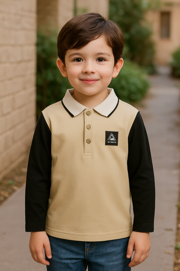Boys Beige Polo Shirt with Black Sleeves – Casual Long Sleeve Polo