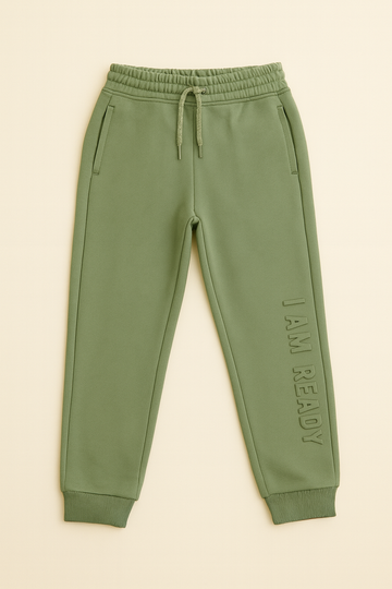 Kids’ Green Jogger Pants – “I AM READY” Embossed
