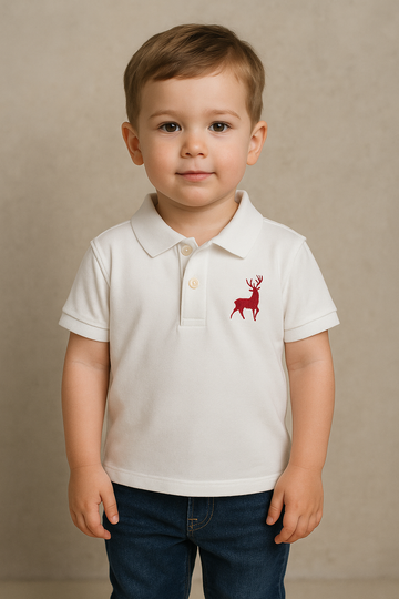Boys' Classic White Polo Shirt with Red Deer Embroidery