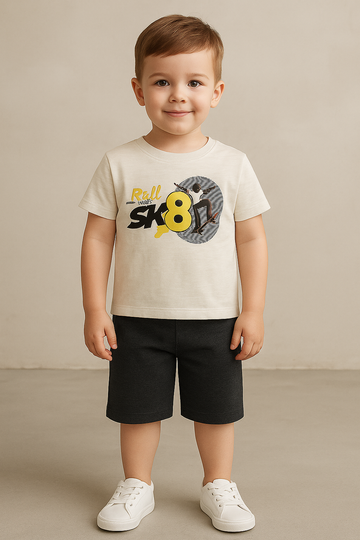 "Roll with SK8" Boys Summer T-Shirt & Shorts Set – Beige & Charcoal Combo