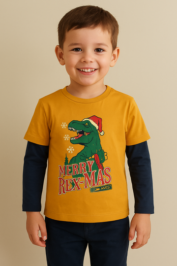 Boys' "Merry Rex-Mas" Festive Dinosaur Long Sleeve T-Shirt