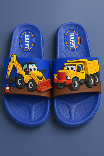 "Kids' Blue Construction-Themed Slide Sandals – HAPPY Series"