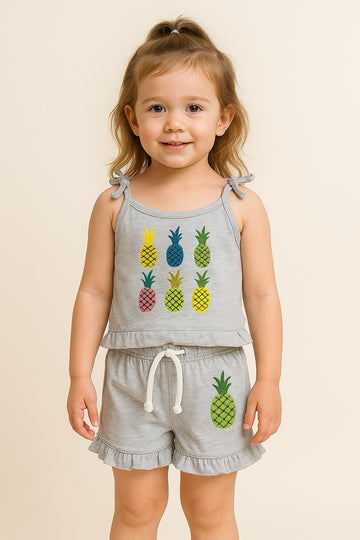 Girls' Pineapple Print Sleeveless Top & Shorts Set – Summer Casual Wear