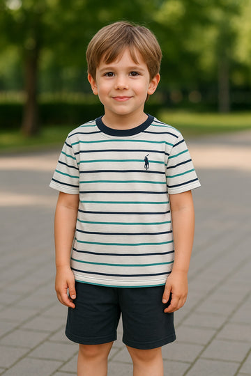 Boys' Striped Crew Neck T-Shirt & Solid Shorts Set – Casual Everyday Wear