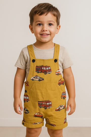 Baby Boys' Yellow Dungaree with Car & Fire Truck Print – Adjustable Straps