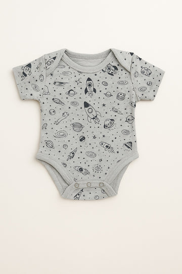 Baby Boys' Grey Space Rocket Printed Cotton Bodysuit – Short Sleeve