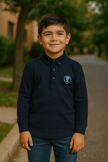 Boys’ Long Sleeve Polo Shirt – Navy Blue with Crest Logo