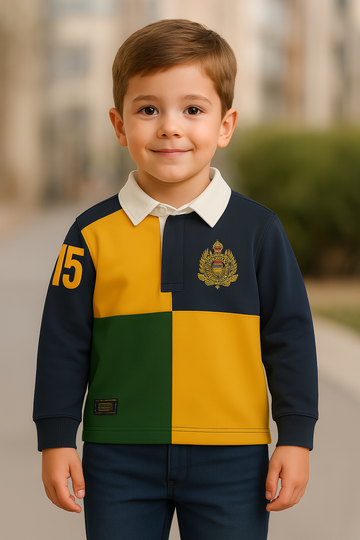 Boys' Color-Block Rugby Polo Shirt with Embroidered Crest and Number Print