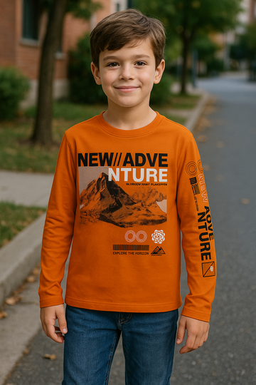 Boys’ Long Sleeve Graphic T-Shirt – “New Adventure” Mountain Print