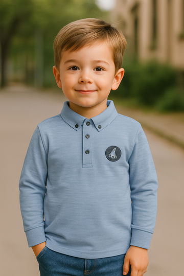 Boys' Light Blue Polo Shirt with Button Collar and Logo Patch