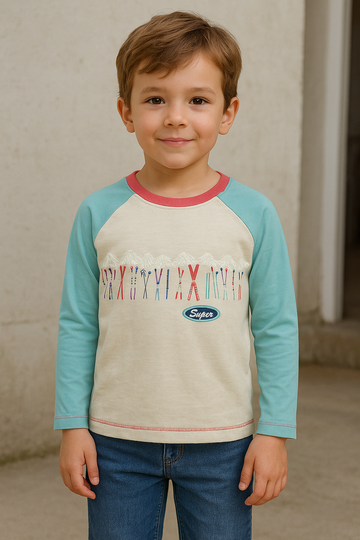 Boys' Long Sleeve Cotton T-Shirt with Ski Poles & Mountain Print