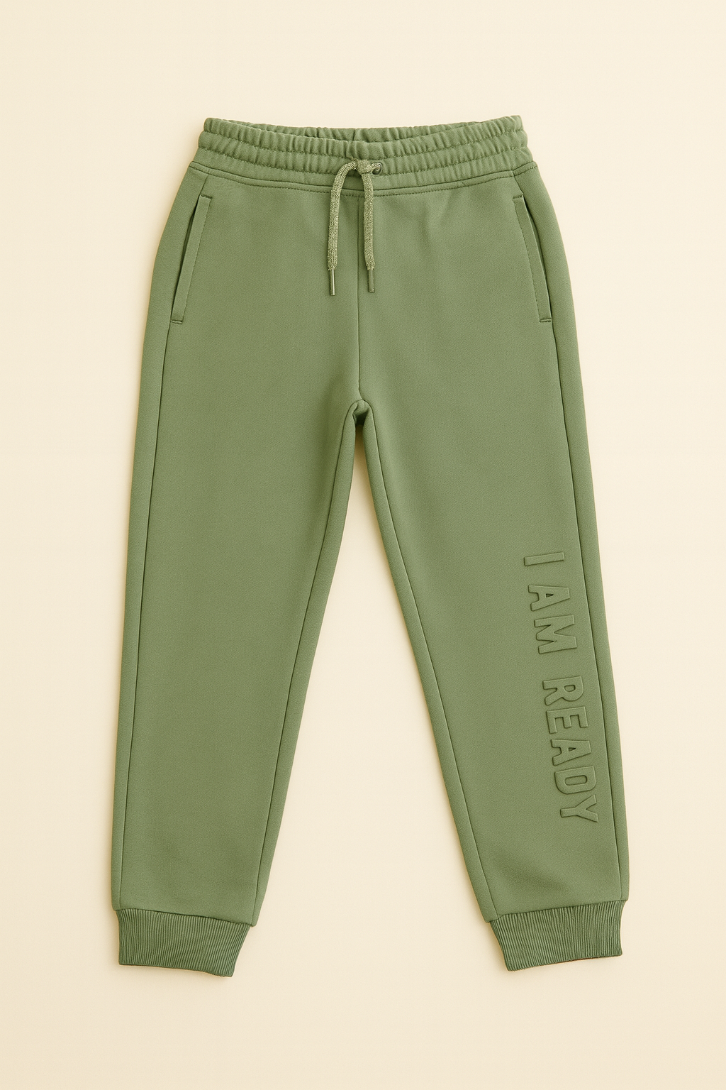 Kids’ Green Jogger Pants – “I AM READY” Embossed