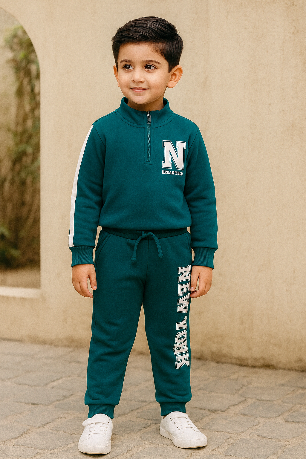 Kids' Teal "New York" Sporty Tracksuit Set – Half-Zip Sweatshirt & Jogger Pants