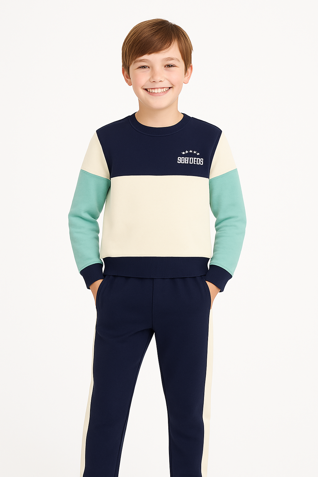 Kids’ Color-Block Sweatshirt & Jogger Tracksuit Set – Navy, Cream & Mint