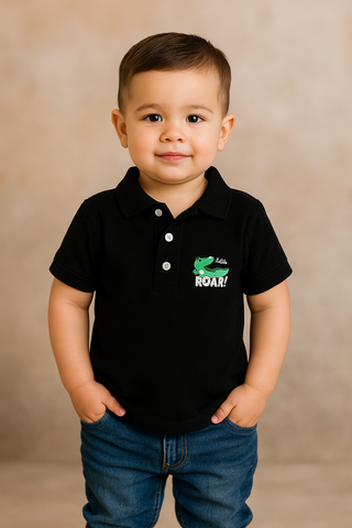 Toddler Boys' Black Polo T-Shirt with Dino Print – Short Sleeve Cotton Tee