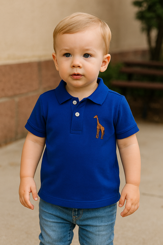 Toddler Boys' Royal Blue Polo Shirt with Giraffe Embroidery – Short Sleeve Casual Tee