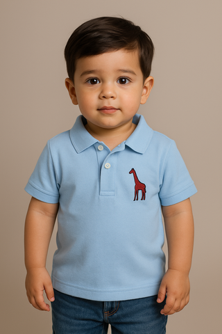 Sky Blue Toddler Polo T-Shirt with Cute Red Giraffe Embroidery | Soft Cotton