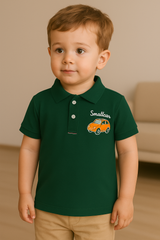 Boys' Forest Green Polo Shirt with Orange Car Embroidery