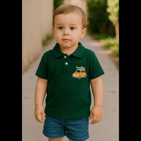 Boys' Forest Green Polo Shirt with Orange Car Embroidery – Casual Cotton Comfort