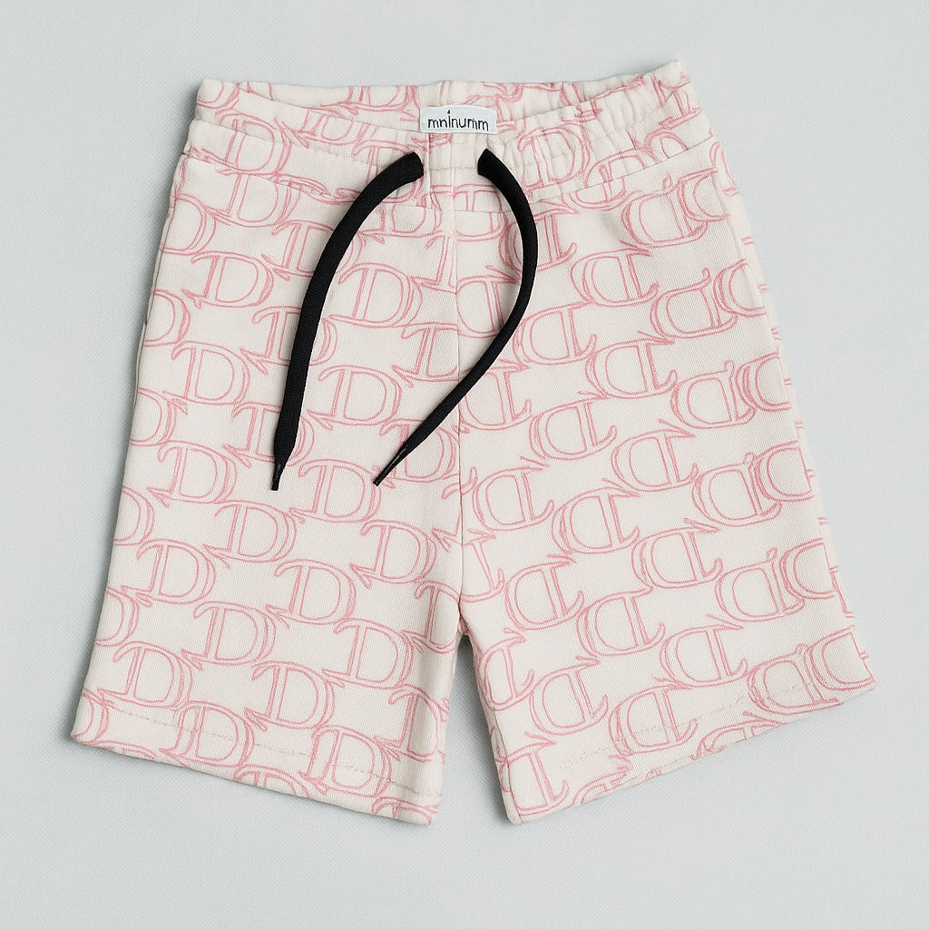 Kids' Designer-Inspired Monogram Shorts – Soft Pink & White with Drawstring