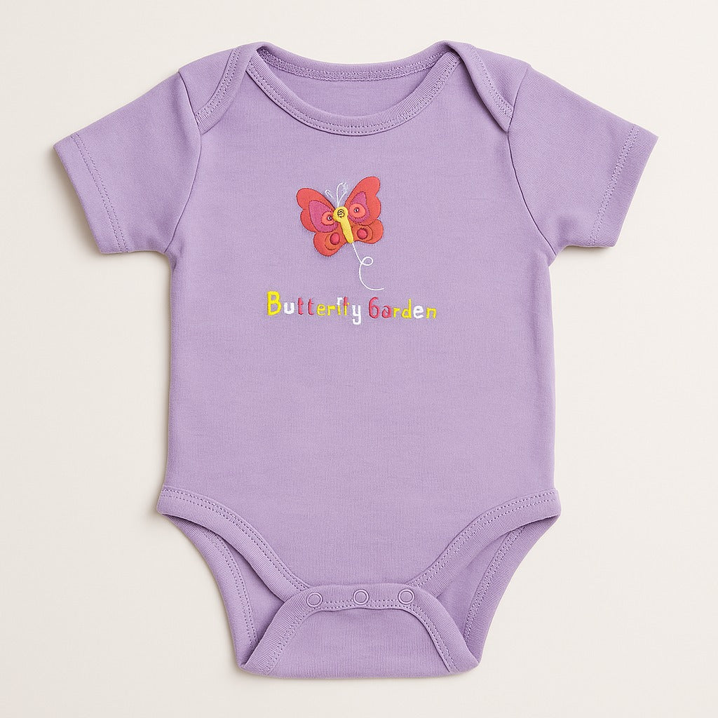Baby Girls' Purple Butterfly Garden Cotton Bodysuit – Short Sleeve Romper