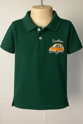 Boys' Forest Green Polo Shirt with Orange Car Embroidery – Casual Cotton Comfort