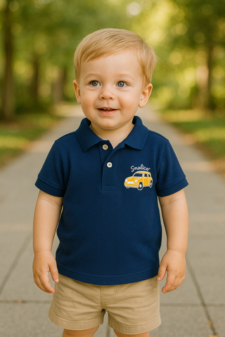 Toddler Boys' Navy Blue Polo Shirt with Yellow Car Embroidery – Short Sleeve Casual Tee