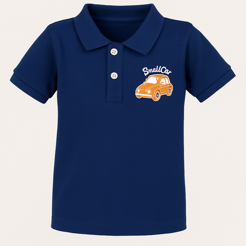 Toddler Boys' Navy Blue Polo Shirt with Yellow Car Embroidery – Short Sleeve Casual Tee