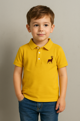 Golden Yellow Polo Shirt with Deer Embroidery for Kids