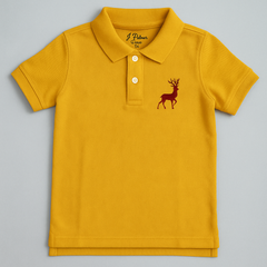Golden Yellow Polo Shirt with Deer Embroidery for Kids