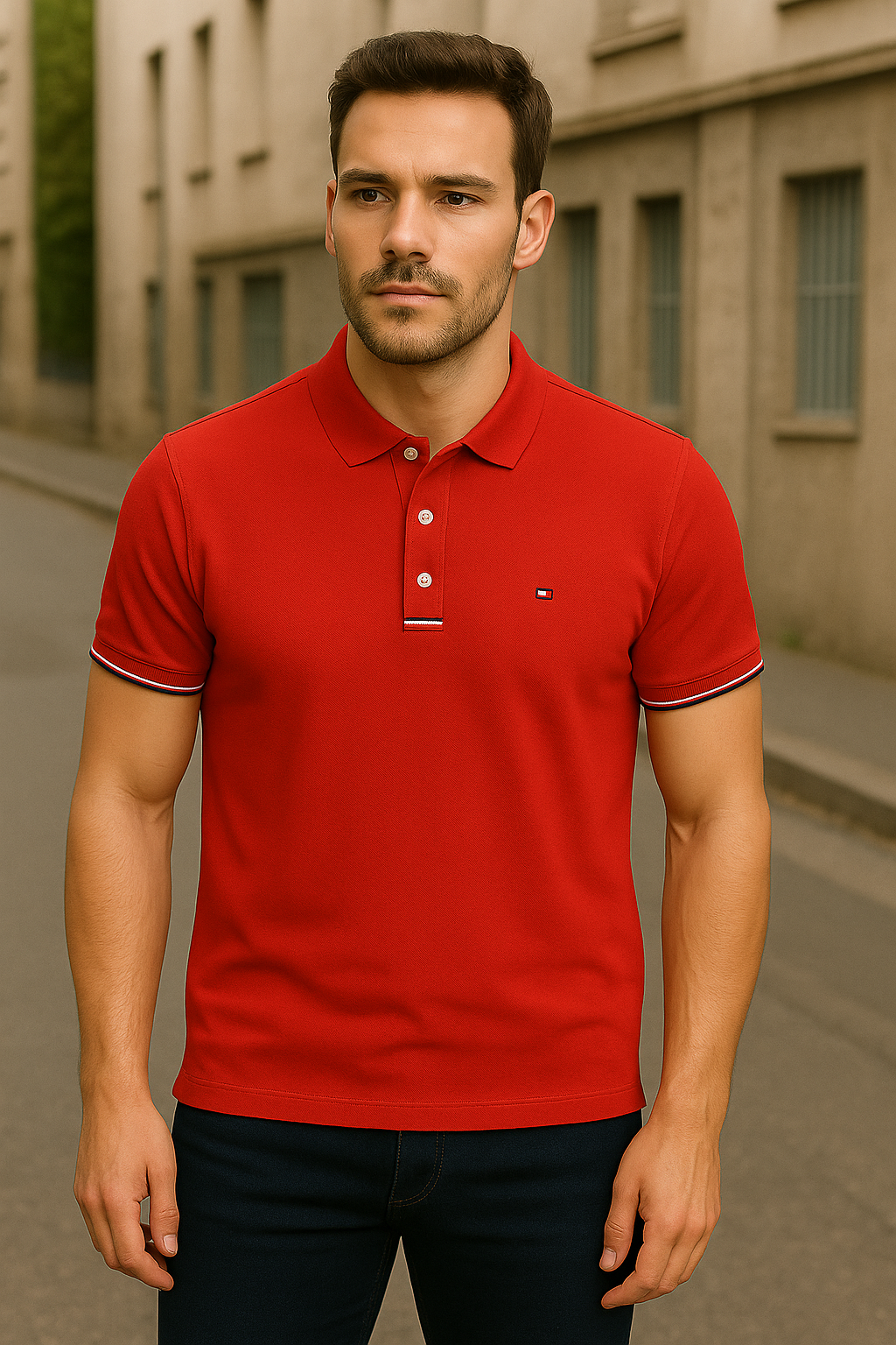 Men's Classic Red Polo Shirt with Contrast Collar Trim