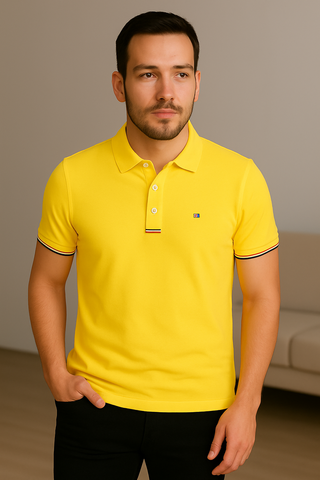 Men's Vibrant Yellow Polo Shirt with Contrast Collar and Cuffs