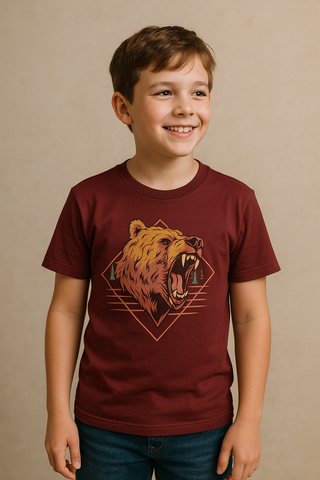 🐻 Boys' Bold Bear Graphic Tee – Maroon Wilderness Print