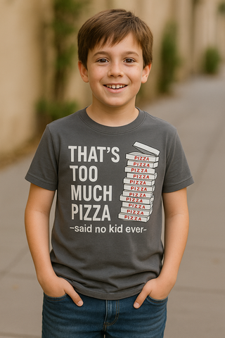 🍕 Kids' “That’s Too Much Pizza – Said No Kid Ever” Graphic Tee – Charcoal Grey
