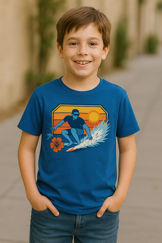 🌊 Kids’ Blue Sunset Surfer Graphic T-Shirt – Tropical Vibes Edition