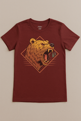 🐻 Boys' Bold Bear Graphic Tee – Maroon Wilderness Print